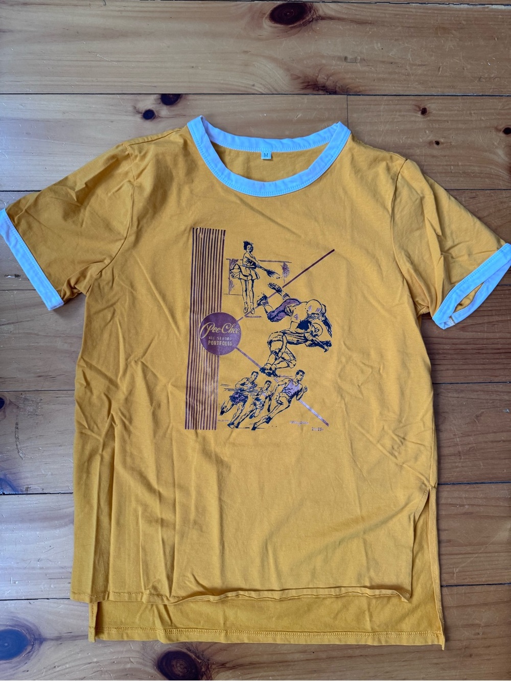 Vintage Pee Chee Print Goldenrod Split-Hem Ringer Tee Medium